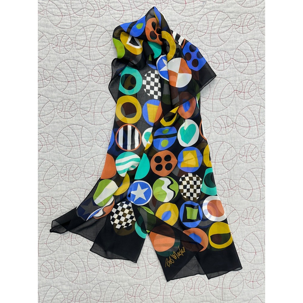 Bob Mackie Scarf Black Multi Geometric Circle Silk / Womens One Size
